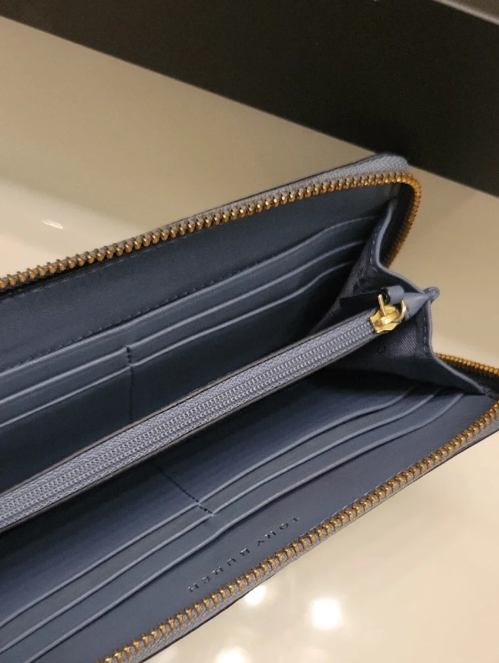 Tory Burch Periwinkle Embossed Logo Zip Wallet